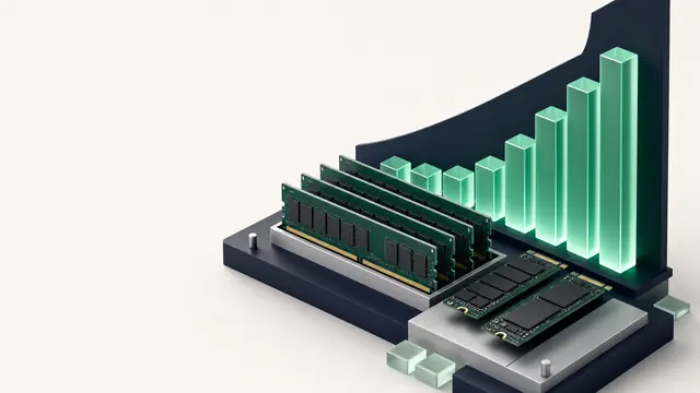 Модули серверной памяти и NVMe-накопители на фоне круто растущей столбчатой диаграммы