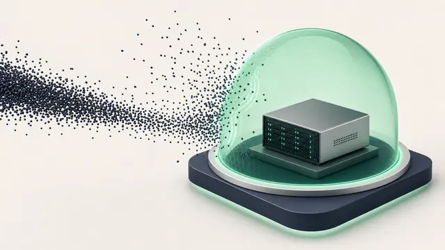 A server under a translucent shield deflecting a flood of incoming particles