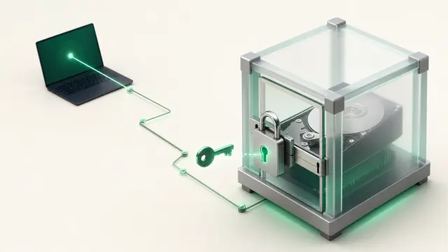 A hard drive sealed in a locked vault, unlocked by a key sent over the network