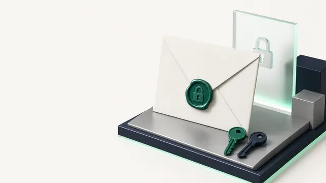 An envelope sealed with a padlock-shaped wax seal, next to a pair of keys