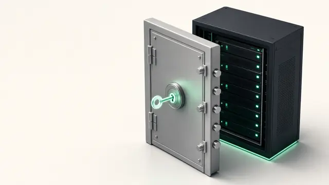 A reinforced door with several locks and a key, in front of a server rack